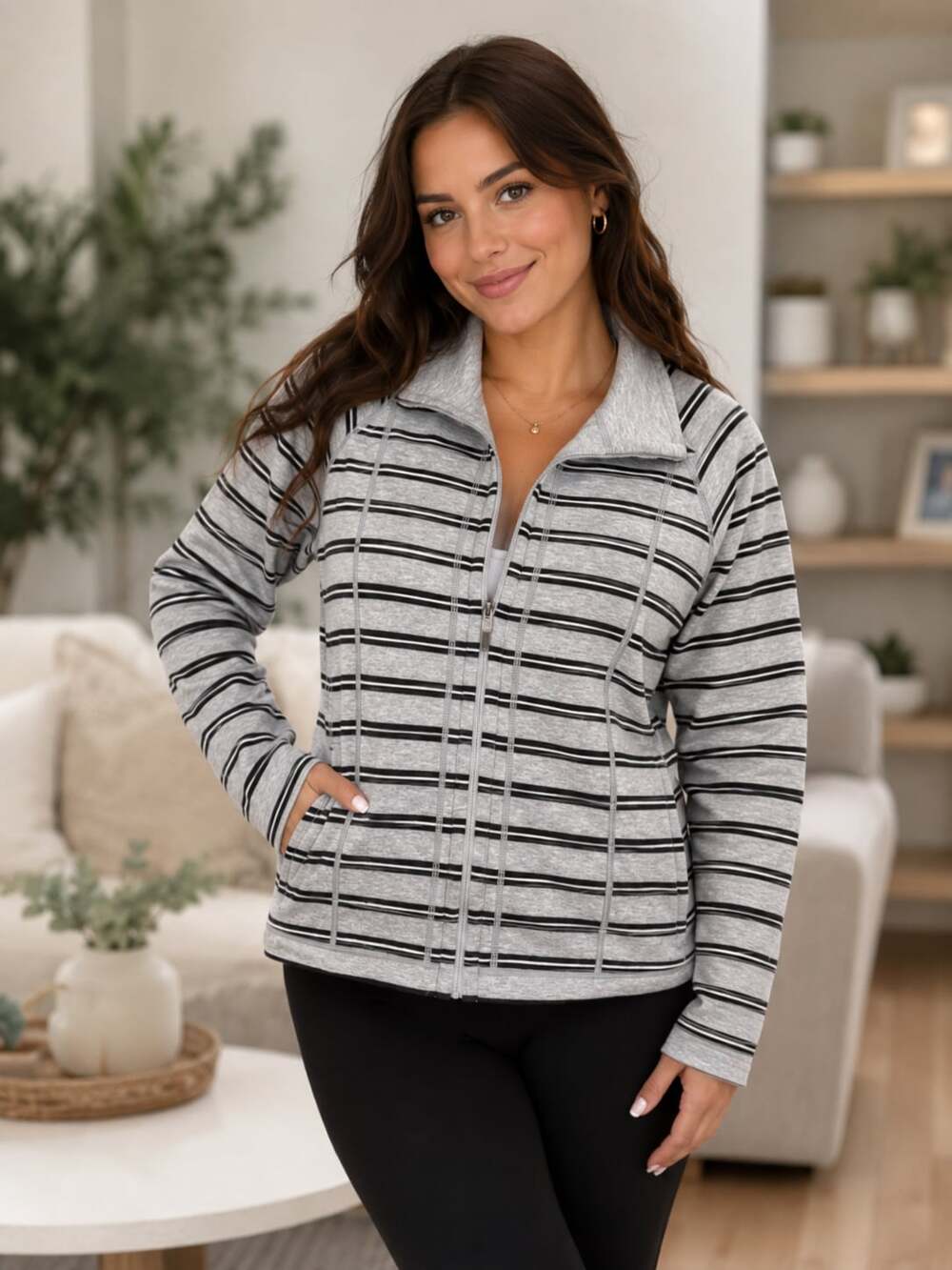 Tommy Bahama Gray Black Striped Full Zip Jacket With Collar